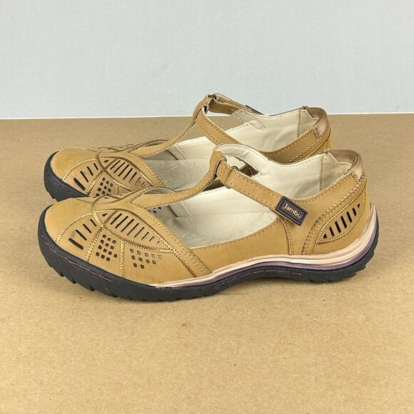 Jambu Bridget Leather T-Strap Flats Womens 7.5 Tan Hook and Loop Laser Cut - Picture 10 of 10
